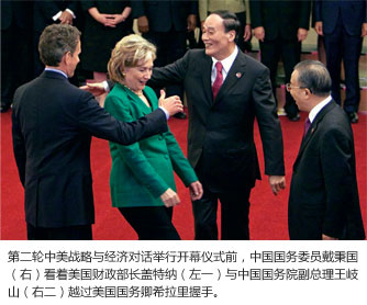 第二轮中美战略与经济对话举行开幕仪式前，中国国务委员戴秉国（右）看着美国财政部长盖特纳（左一）与中国国

务院副总理王岐山（右二）越过美国国务卿希拉里握手。